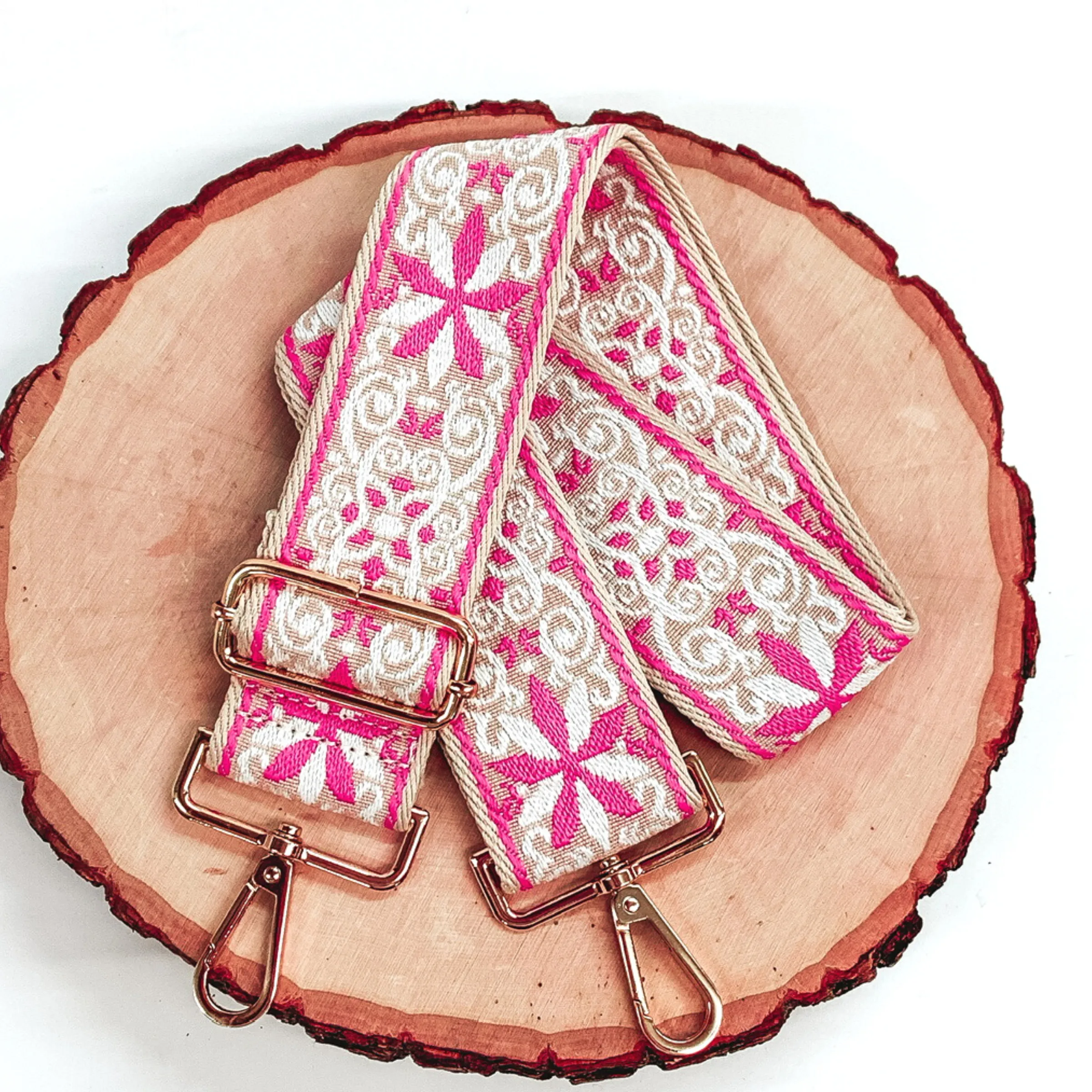 Embroidered Adjustable Purse Strap in Pink/White