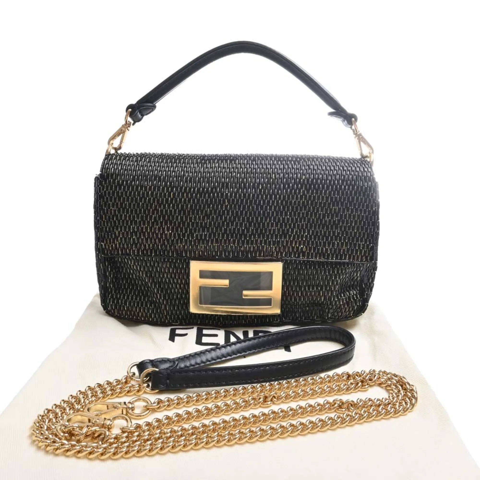 FENDI Leather Beads Bucket Chain Shoulder Bag 8BS017 Black Ladies