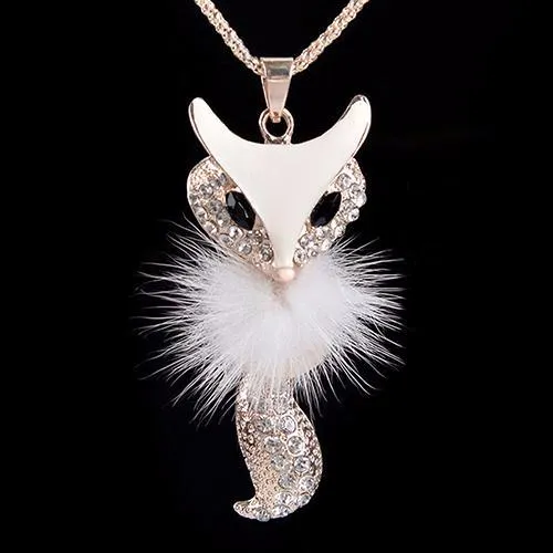 Fox Pendant Rhinestone Inlaid Fur Necklace