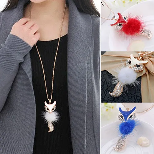 Fox Pendant Rhinestone Inlaid Fur Necklace