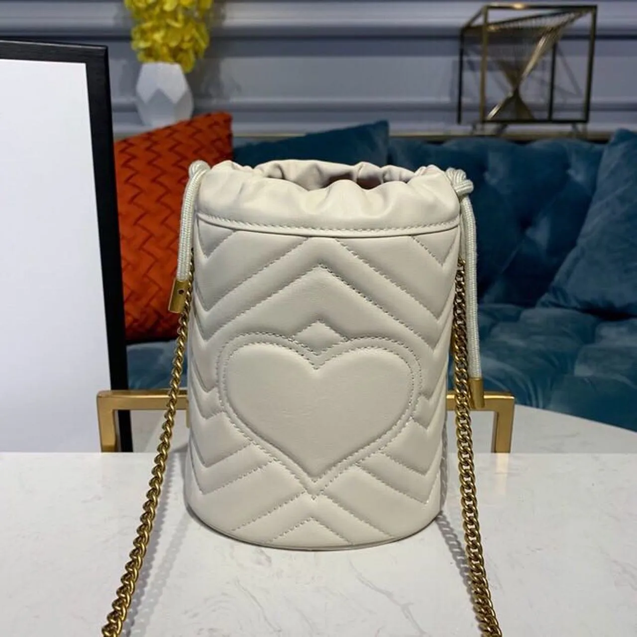 gg Marmont Mini Bucket Bag White Matelassé Chevron For Women 6in/13cm gg 575163 DTDRT 9022