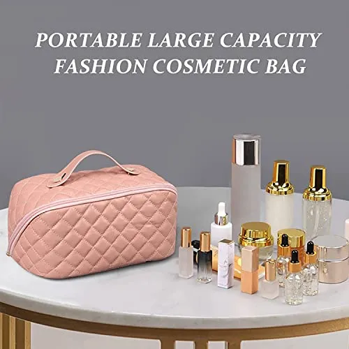 Ghime Cosmetic Bag for Women, Makeup Bag PU Leather Portable and Large Capacity Makeup Storage Bag with Handle and Divider (2. Pink)