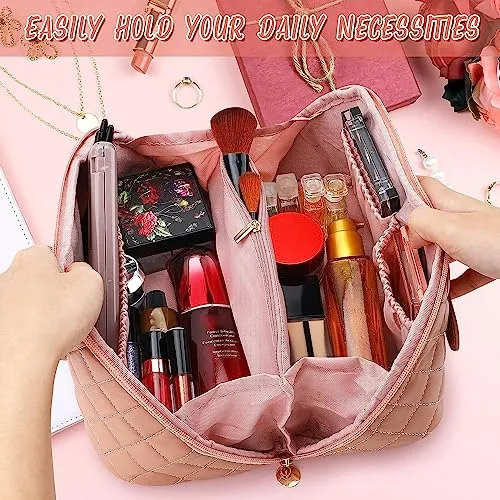 Ghime Cosmetic Bag for Women, Makeup Bag PU Leather Portable and Large Capacity Makeup Storage Bag with Handle and Divider (2. Pink)