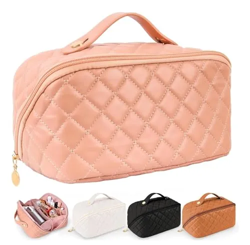 Ghime Cosmetic Bag for Women, Makeup Bag PU Leather Portable and Large Capacity Makeup Storage Bag with Handle and Divider (2. Pink)