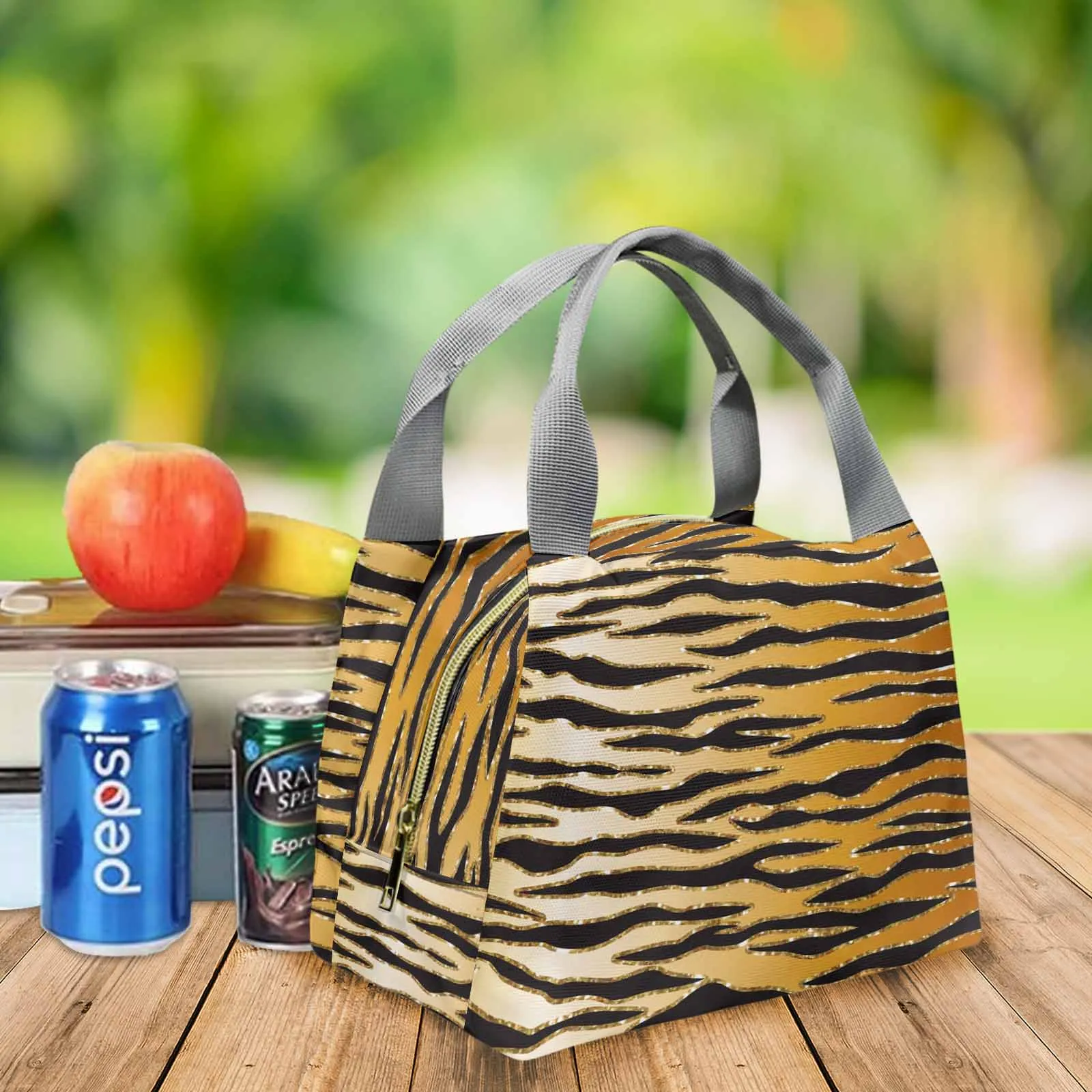 Glitter Gold Animal Print  Portable Lunch Bag-Grey Handle