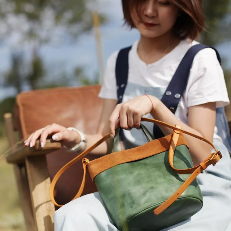 Green Bucket Bag Leather Bucket Small Tote Handbags Purse