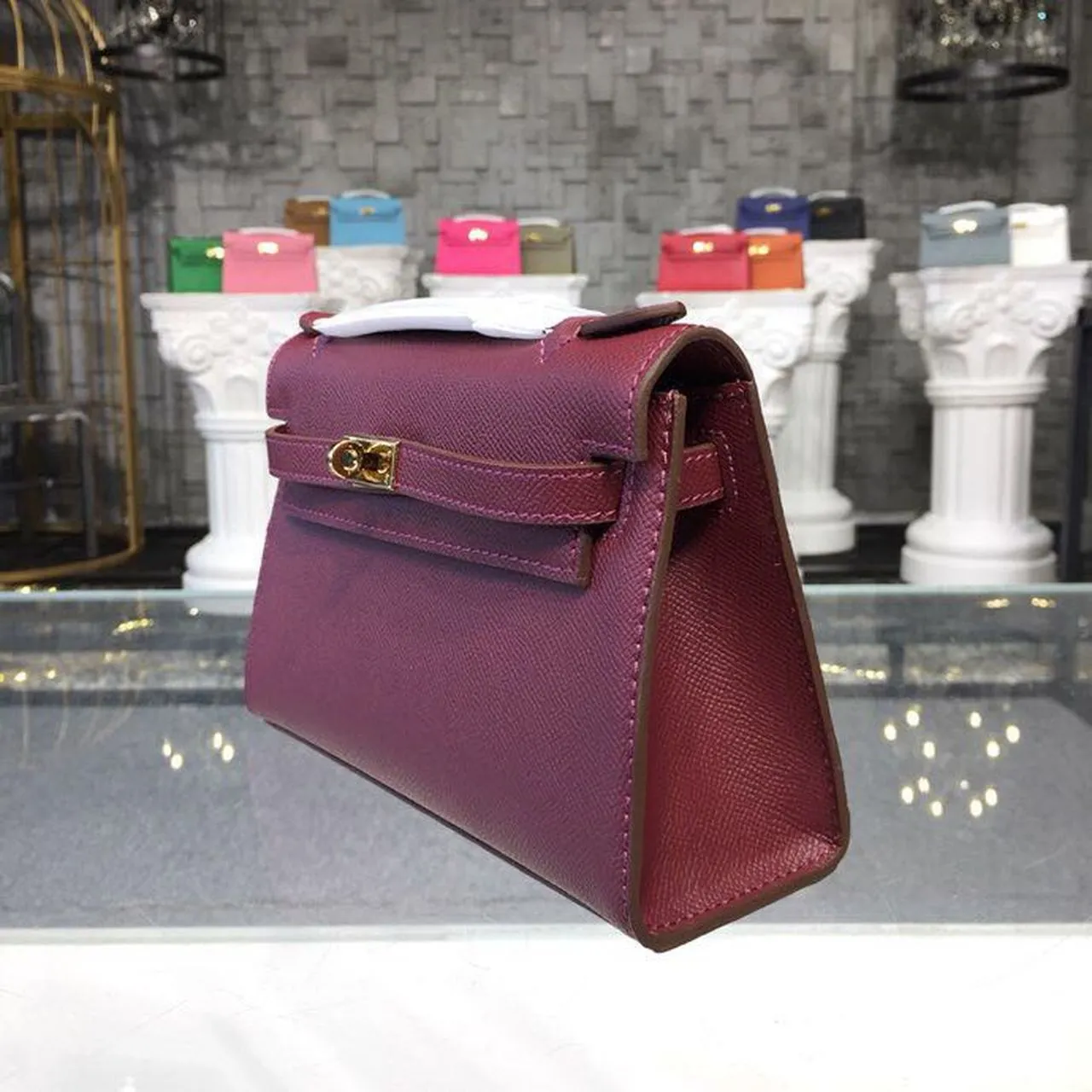 HM Mini Kelly KP Pochette Burgundy For Women Gold Toned Hardware 8.7in/22cm