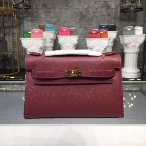 HM Mini Kelly KP Pochette Burgundy For Women Gold Toned Hardware 8.7in/22cm