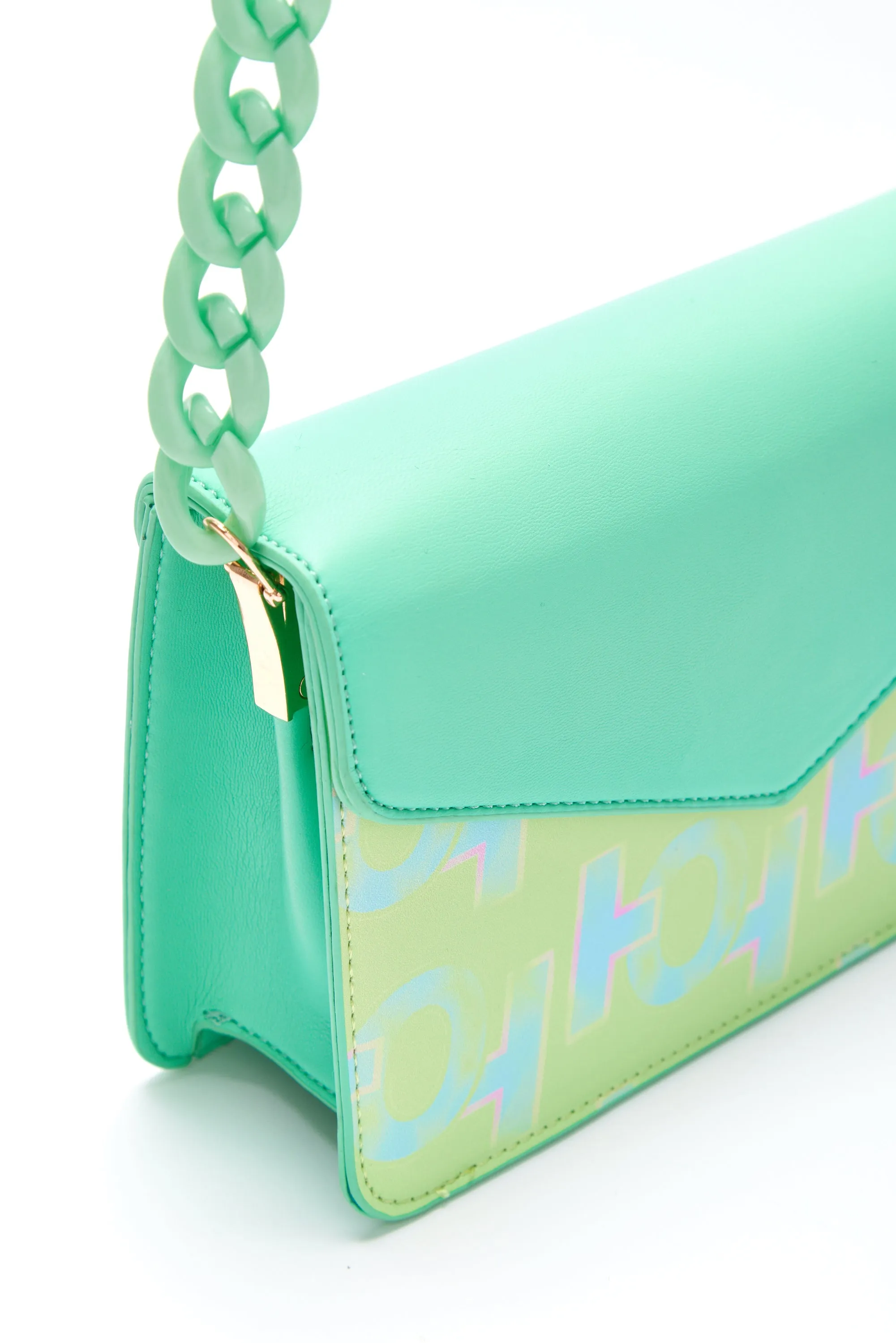 House Of Holland Cross Body Bag In Mint And Pistachio With A Logo Print And Chain Detail Strap