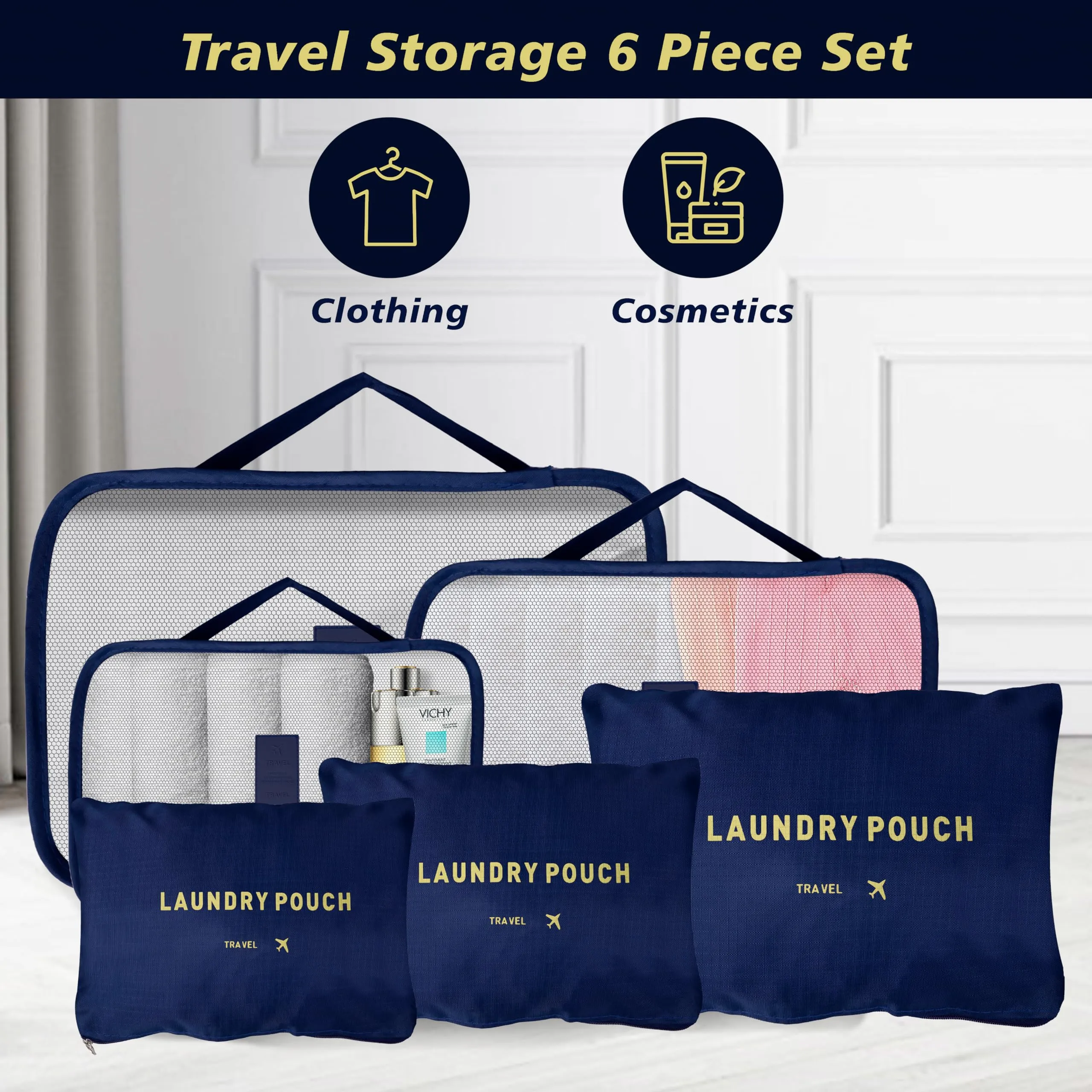 Kuber Industries 18 Pcs Travel Luggage Bag | Toiletry Bag for Jewellery-Watches-Bracelets | Multi-Purpose Storage Bag with Handle | Travel Utility Storage Pouches | LYN16-NVY | Navy Blue | Pack of 3