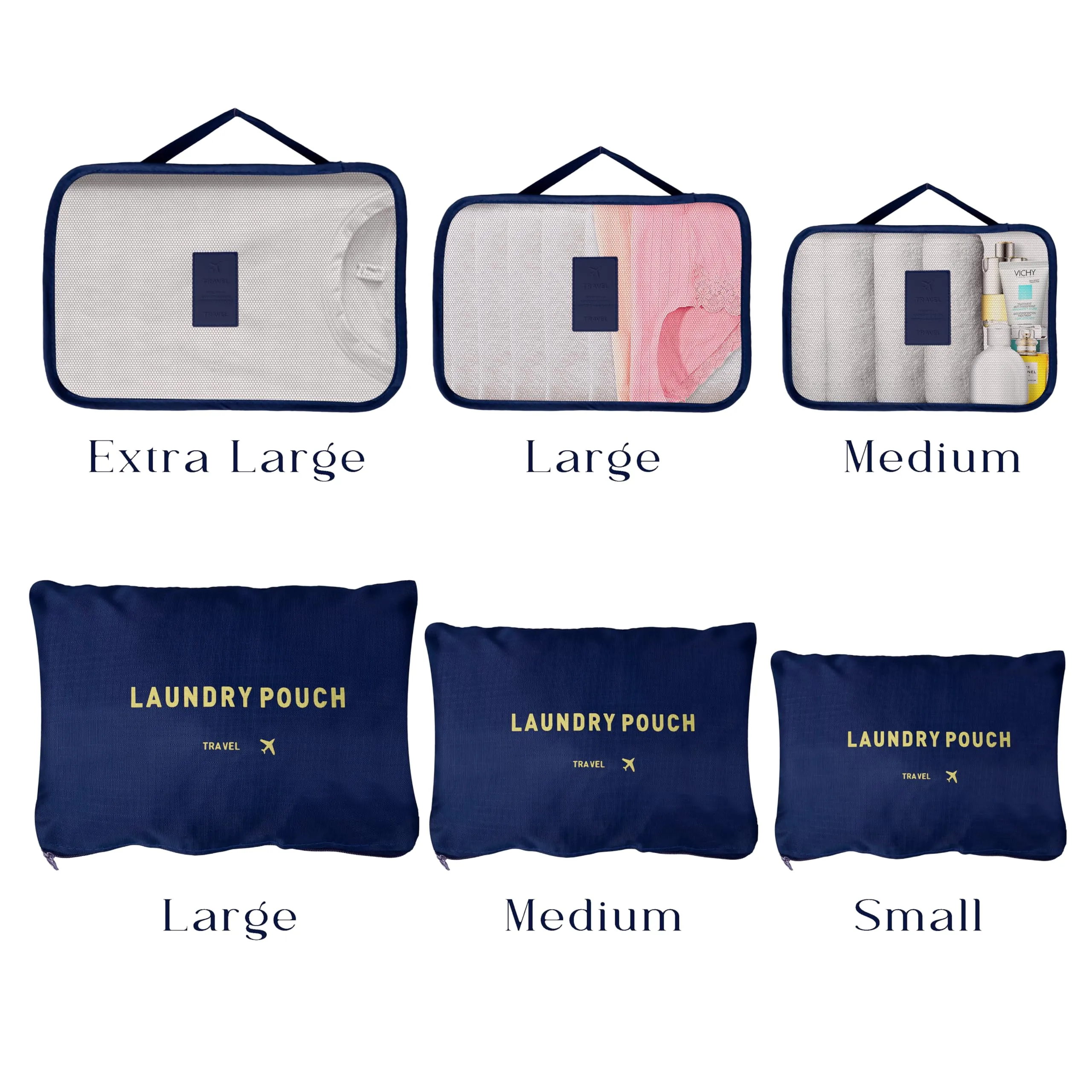 Kuber Industries 18 Pcs Travel Luggage Bag | Toiletry Bag for Jewellery-Watches-Bracelets | Multi-Purpose Storage Bag with Handle | Travel Utility Storage Pouches | LYN16-NVY | Navy Blue | Pack of 3