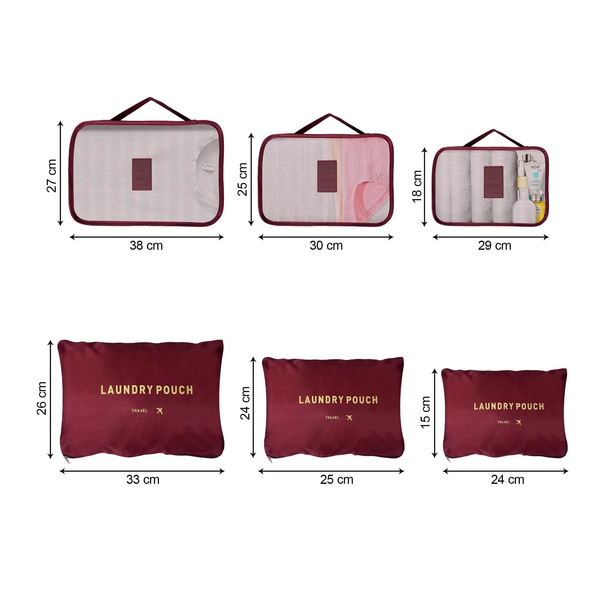 Kuber Industries 36 Pcs Travel Luggage Bag | Toiletry Bag for Jewellery-Watches-Bracelets | Multi-Purpose Storage Bag with Handle | Travel Utility Storage Pouches | LYN16-MRO | Maroon| Pack of 6