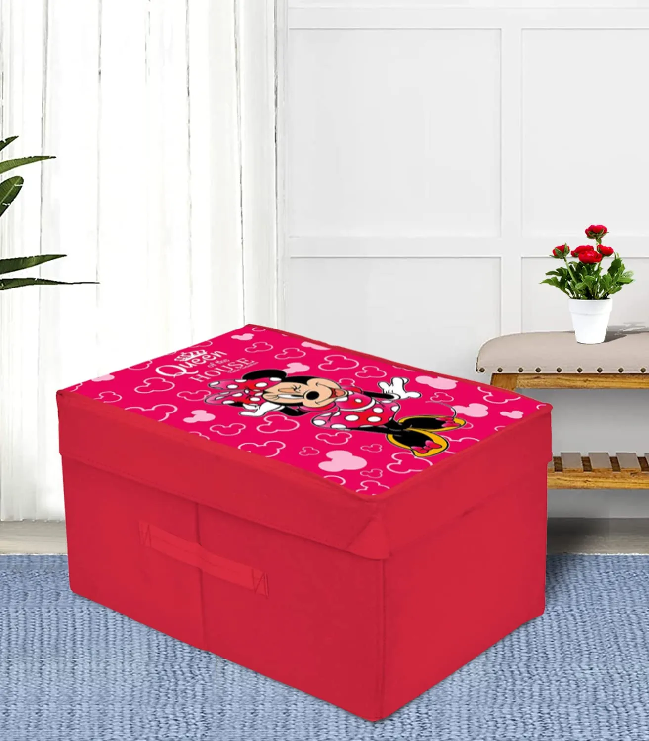 Kuber Industries Disney Minnie Printed Flodable Storage Box/Organizer For Toys, Cloths And Books With Lid & Handle (Pink)-HS43KUBMART26579