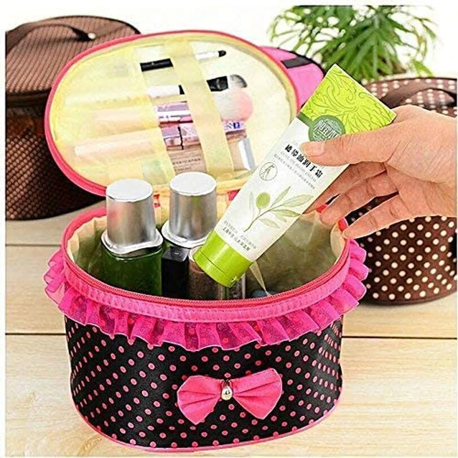 Kuber Industries Dot Printed Makeup Bag, Travel Toiletry Case, and Cosmetic Bag Makeup Organizer with Top Handle with Small Mirror (Pink & Red)