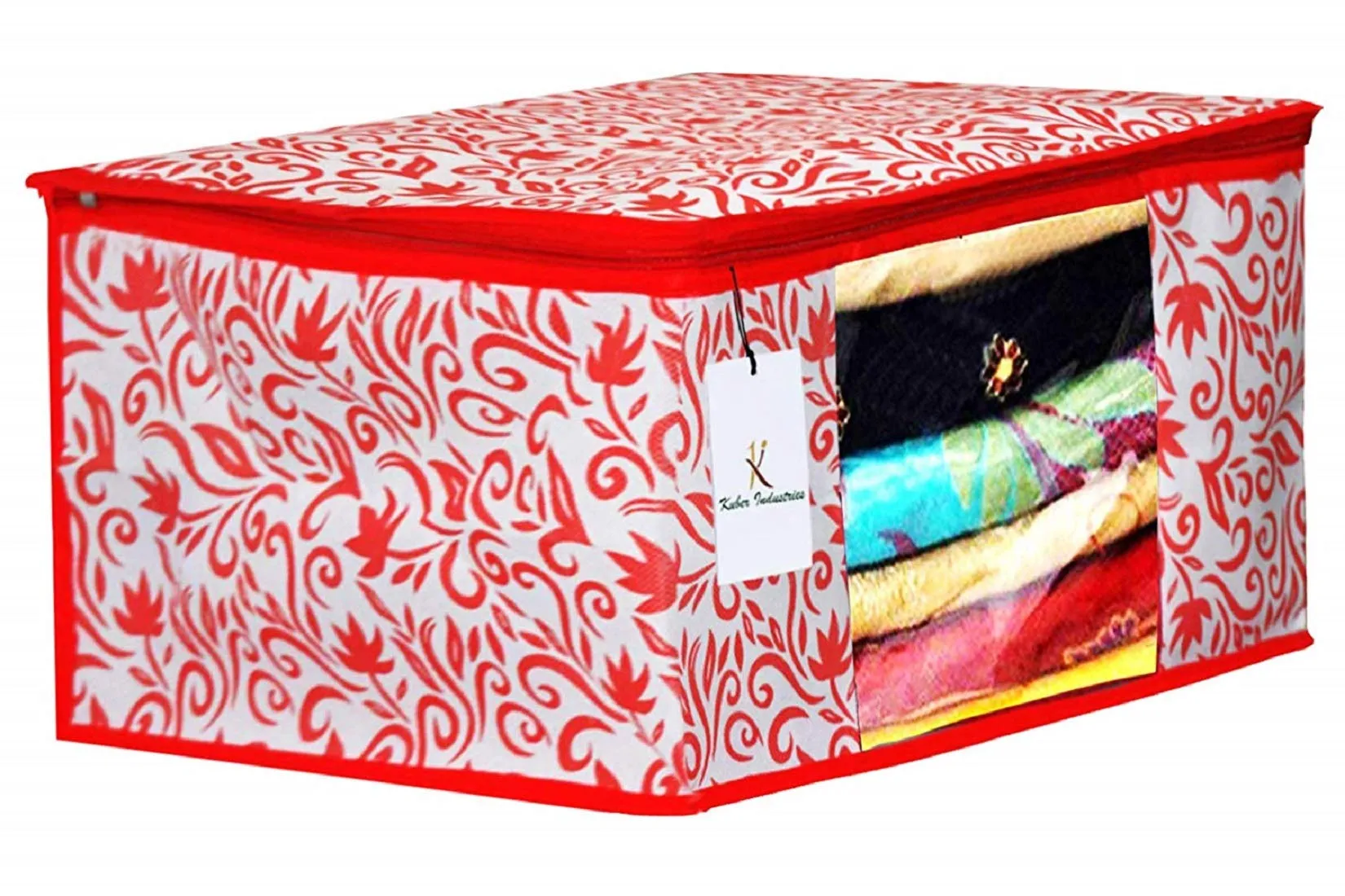 Kuber Industries Leaf Design Non Woven 4 Pieces Saree Cover and 4 Pieces Underbed Storage Bag, Cloth Organizer for Storage, Blanket Cover Combo Set (Red) -CTKTC38673