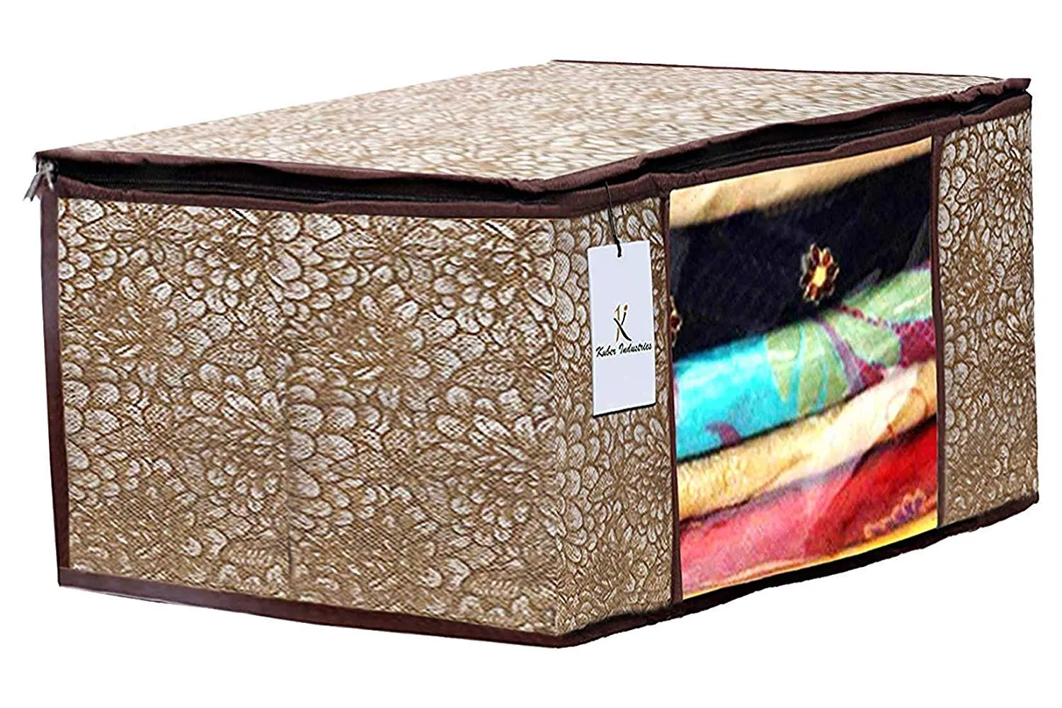 Kuber Industries Metalic Printed 2 Piece Non Woven Saree Cover And 2 Pieces Underbed Storage Bag, Storage Organiser, Blanket Cover, Golden Brown & Gold -CTKTC42385