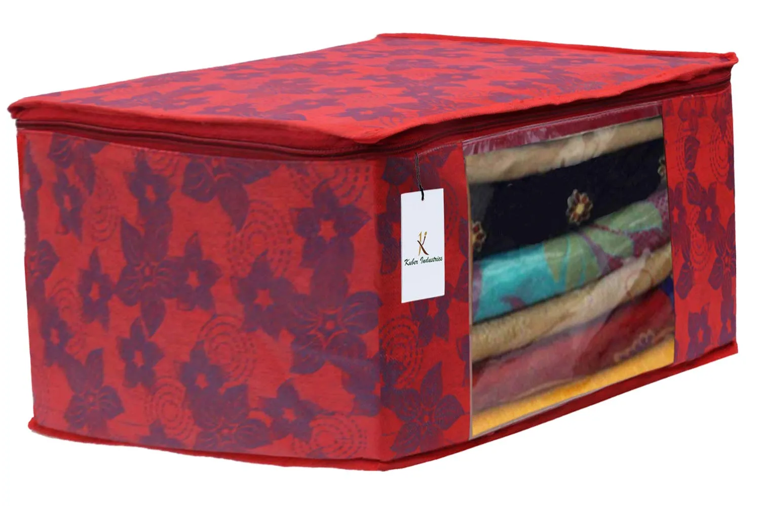 Kuber Industries Metalic Printed 4 Piece Non Woven Saree Cover and 4 Pieces Underbed Storage Bag, Storage Organiser, Blanket Cover, Ivory Red & Red -CTKTC42424