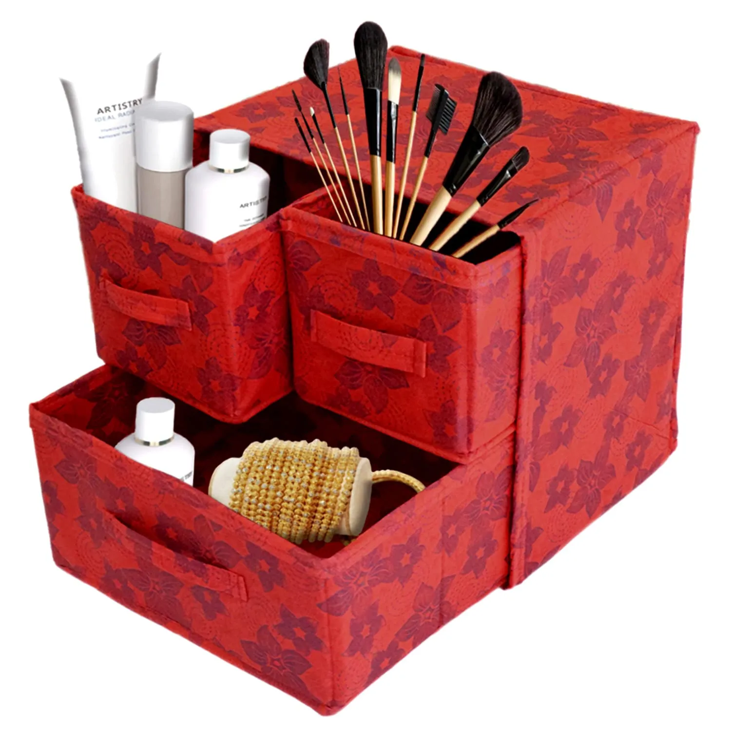 Kuber Industries Metallic Flower Printed 3 Drawers Foldable Non-Woven Dressing/Jewllery/Makeup Organizer Box- Pack of 2 (Red)-HS43KUBMART26850