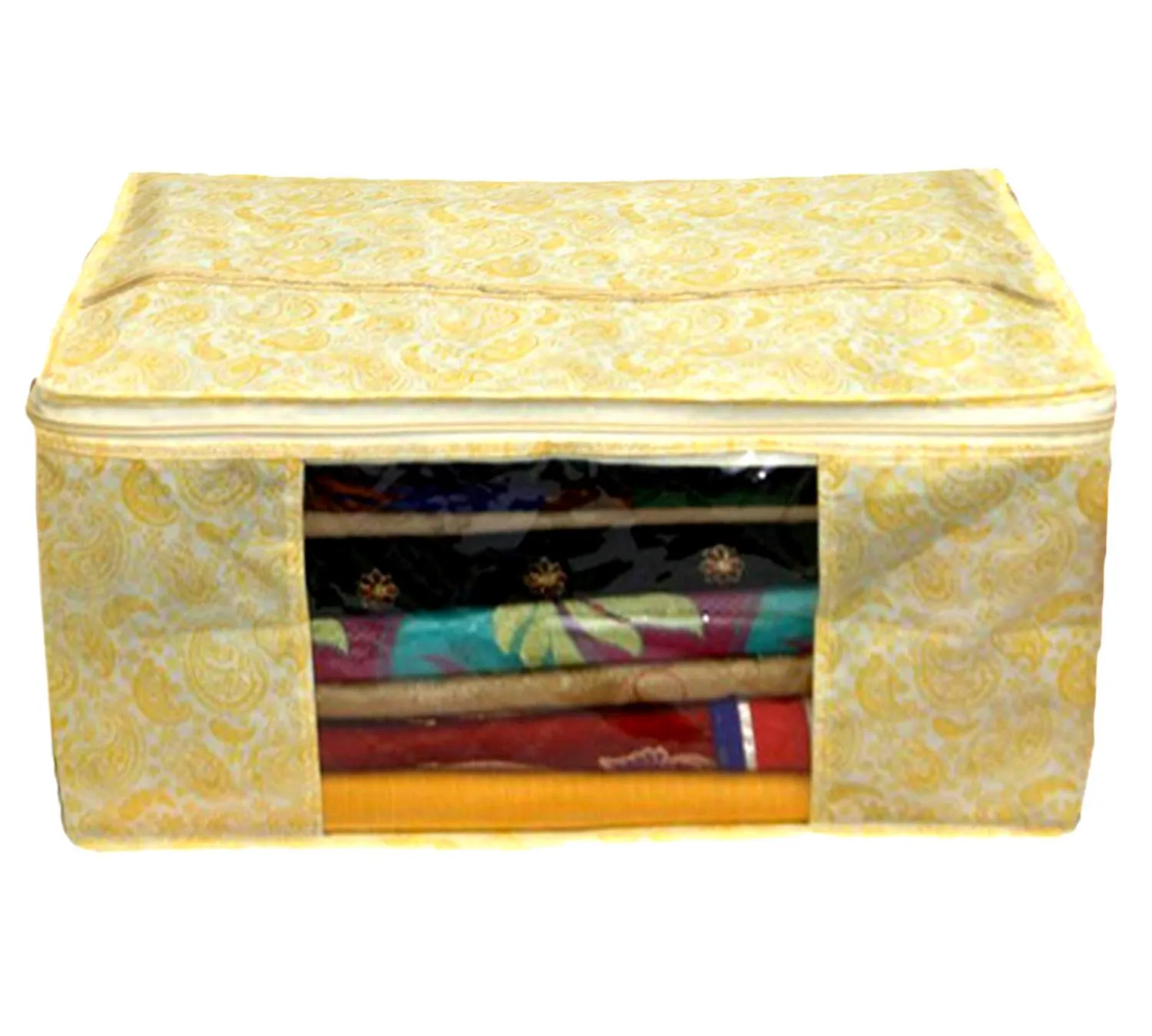 Kuber Industries Metallic Printed Non Woven 3 Pieces Saree Cover and 3 Pieces Underbed Storage Bag, Cloth Organizer for Storage, Blanket Cover Combo Set (Gold) -CTKTC38588