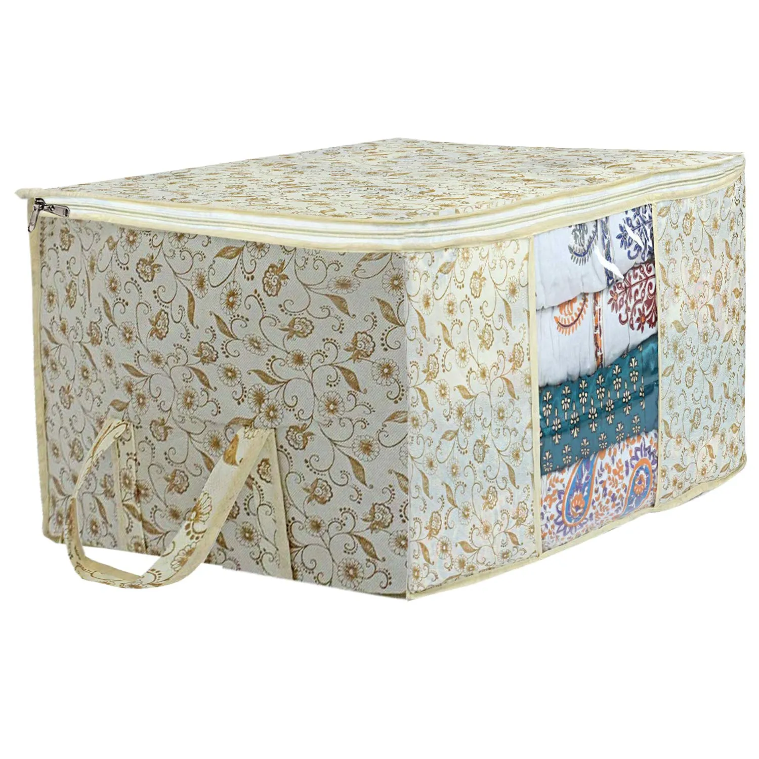 Kuber Industries Non-Woven Rectangular Metallic Printed Non Woven Underbed Storage Bag|Large Storage Organiser|Blanket Cover With Transparent Window|Size 65 X 47 X 34 Cm (Extra Large, Cream)