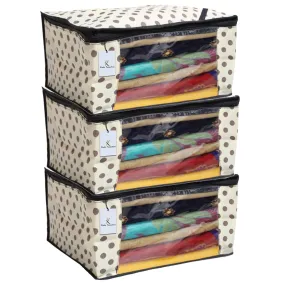 Kuber Industries Polka Dots Saree Cover/Regular Cloth Bag/Wardrobe Organizer Set of 3 Pcs (Ivory)