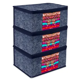 Kuber Industries Saree Storage Bag | Clothes Storage Bag | Wardrobe Storage Bag | Cloth Storage Organizer | Visible Window Saree Bag | Flower Printed | 9 Inch | Pack of 3 | Navy Blue