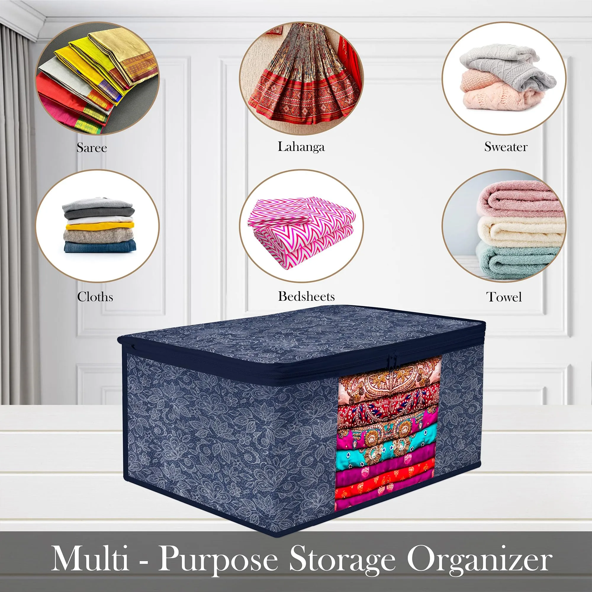 Kuber Industries Saree Storage Bag | Clothes Storage Bag | Wardrobe Storage Bag | Cloth Storage Organizer | Visible Window Saree Bag | Flower Printed | 9 Inch | Pack of 3 | Navy Blue