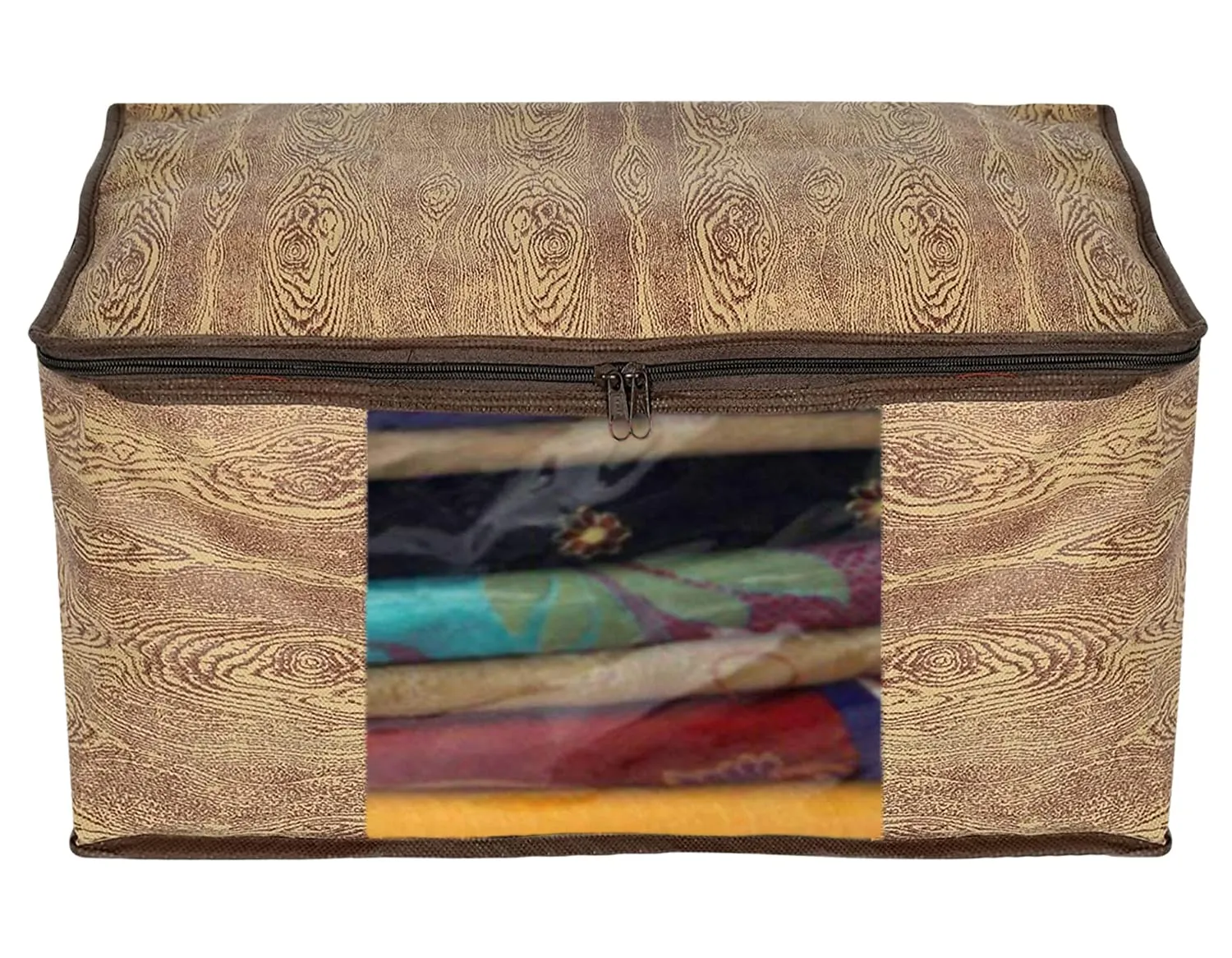 Kuber Industries Wooden Design Non-Woven Foldable Saree Cover/Clothes Storage Bag/Wardrobe Organizer With Transparent Window- Pack of 9 (Brown)-44KM0389