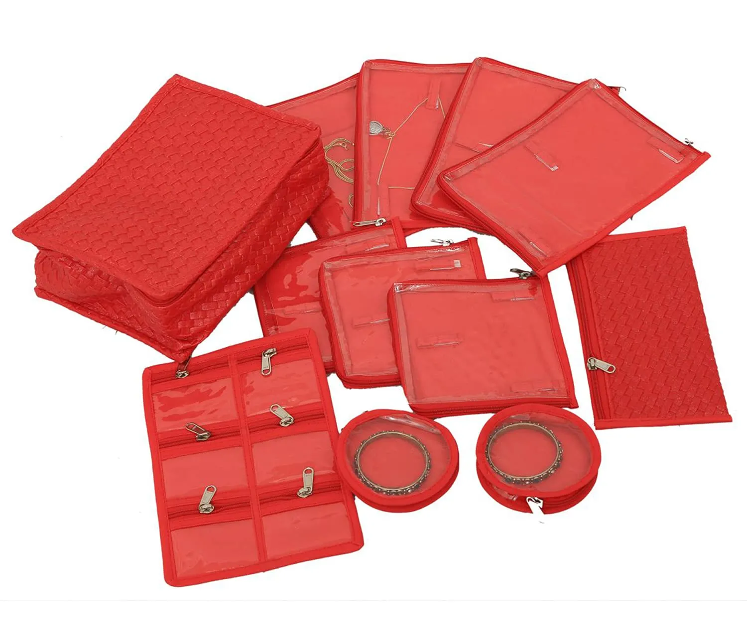 Kuber Industries Zigzag Design Jewellery Box/Organizer with 9 Transparent Pouch & 2 Bangle Pouch (Red)-HS_38_LUGGAGE21038