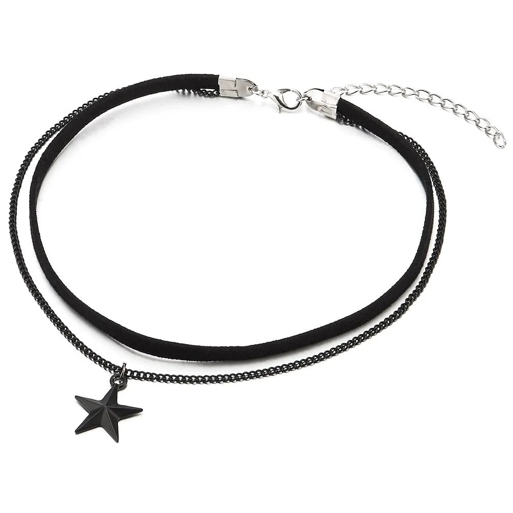 Ladies Womens Two-Rows Choker Necklace with Chain and Pentagram Star Charm Pendant