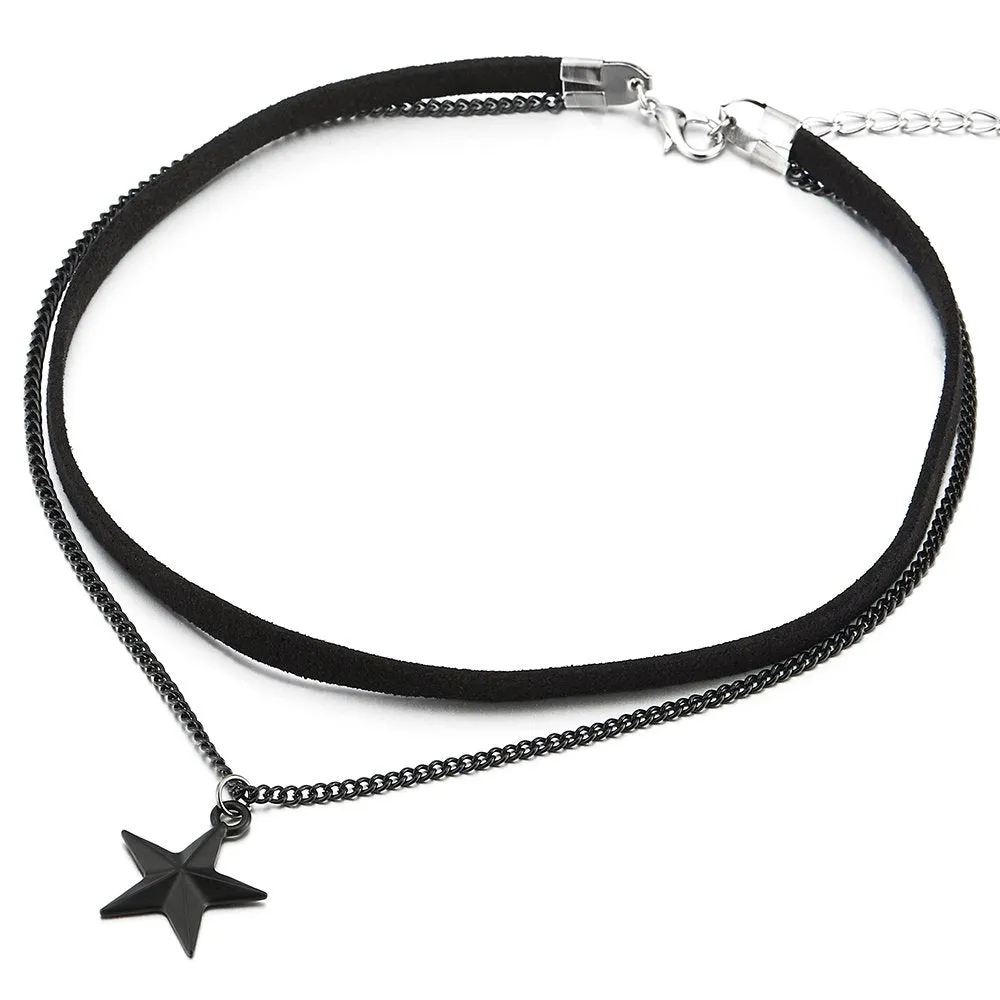 Ladies Womens Two-Rows Choker Necklace with Chain and Pentagram Star Charm Pendant