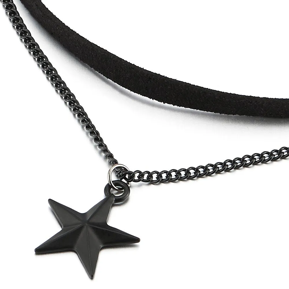 Ladies Womens Two-Rows Choker Necklace with Chain and Pentagram Star Charm Pendant