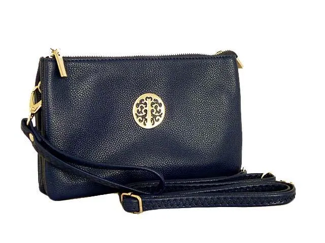 LARGE MULTI-COMPARTMENT CROSS-BODY PURSE BAG WITH WRIST AND LONG STRAPS - NAVY BLUE