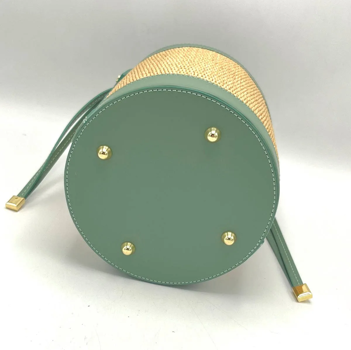 Leather and Straw Bucket Bag - Mint