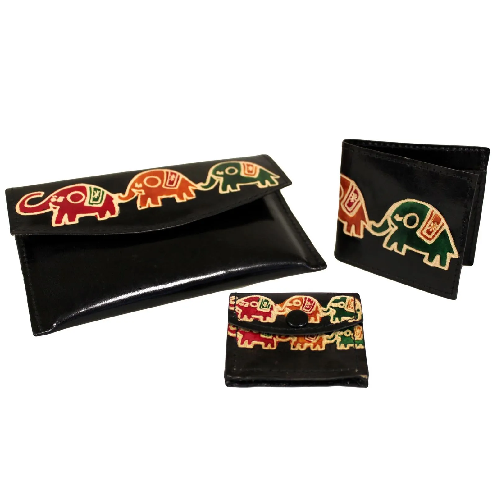 Leather Purse  Set - Elephants - Black