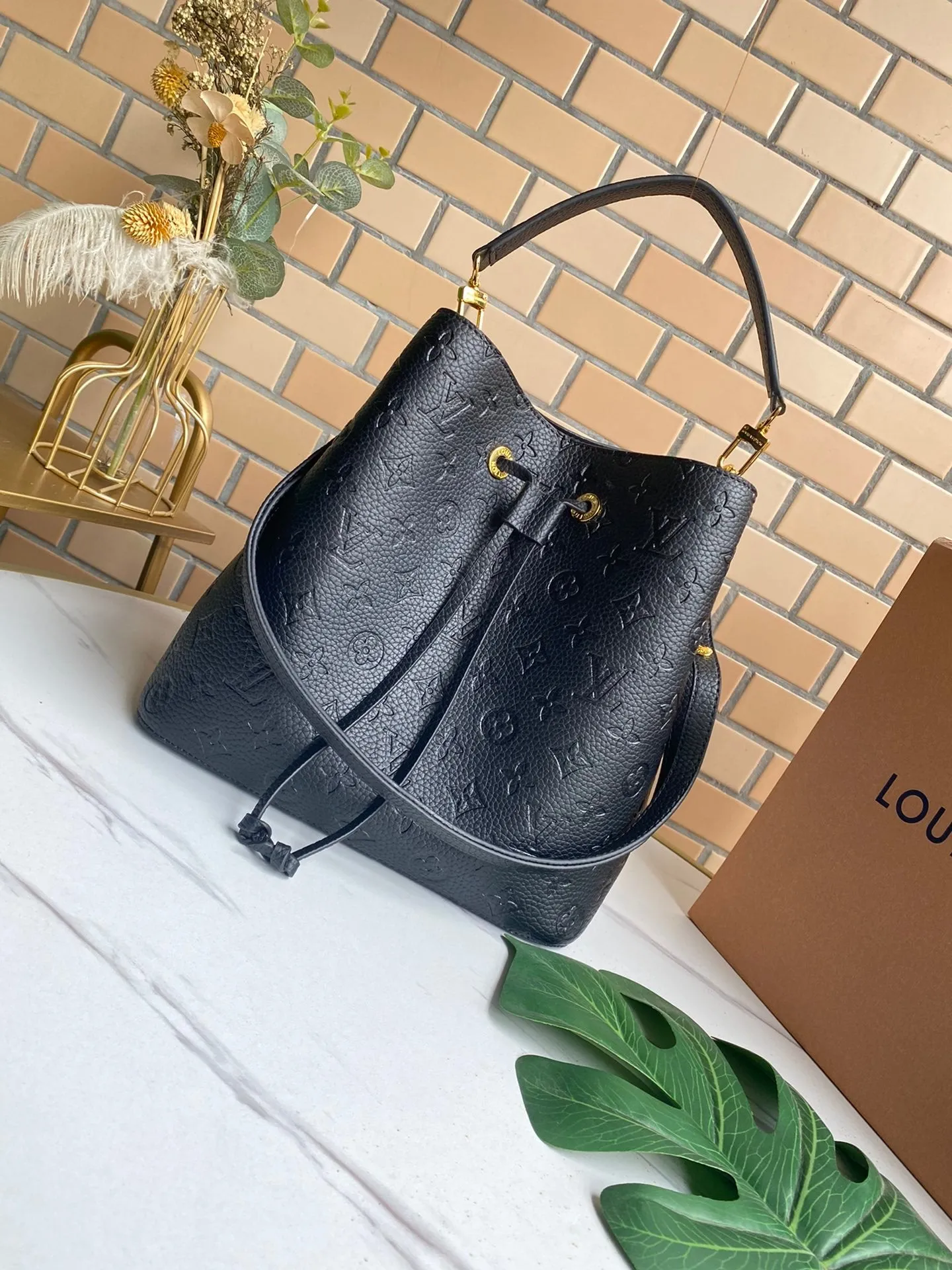 LV NeoNoe MM Bucket Bag Monogram Empreinte Black For Women, Women’s Handbags, Shoulder Bags 10.2in/26cm LV M45256