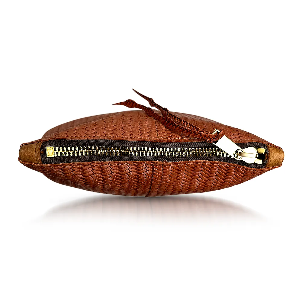 Makeup Bag in Brown Basketweave Leather