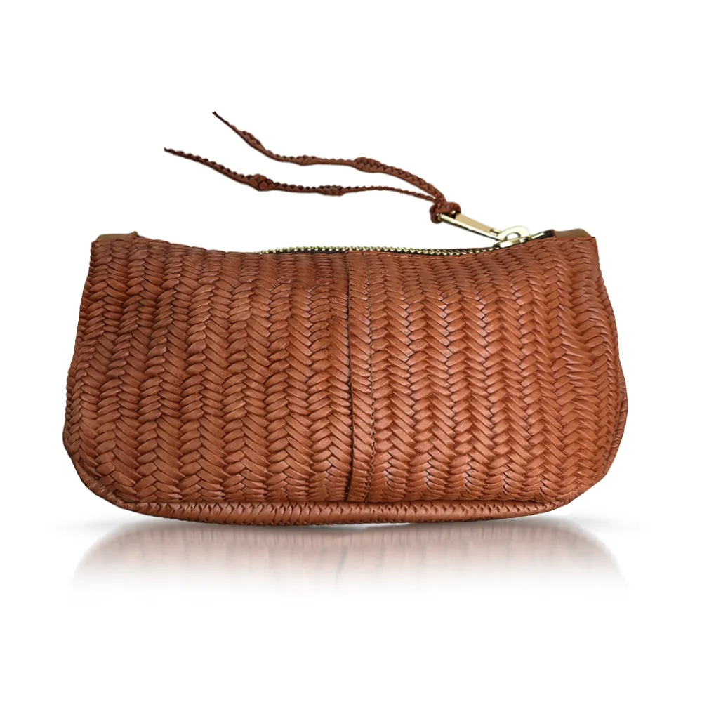 Makeup Bag in Brown Basketweave Leather