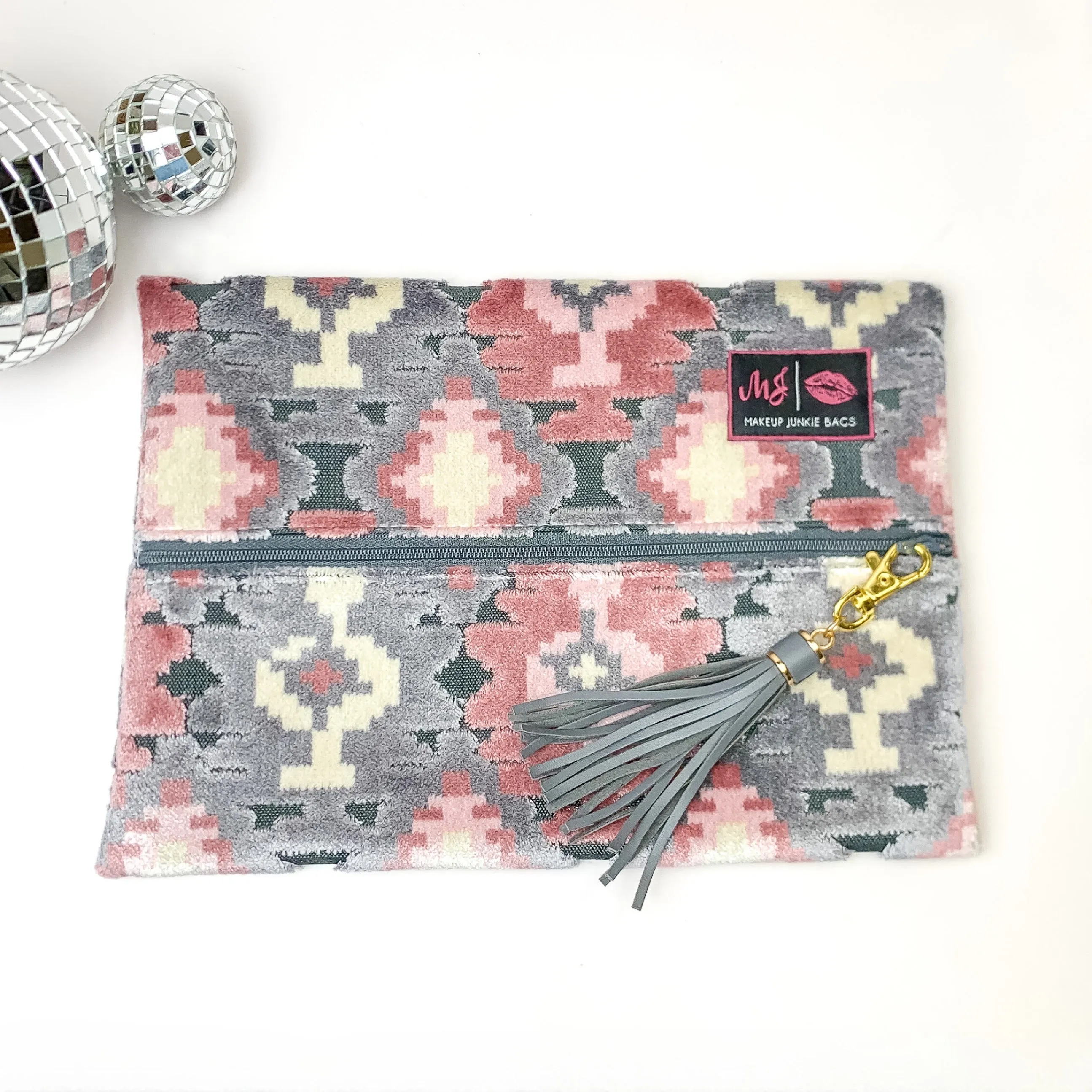 Makeup Junkie | Medium Blush Aztec Lay Flat Bag in Blush Pink and Grey Mix