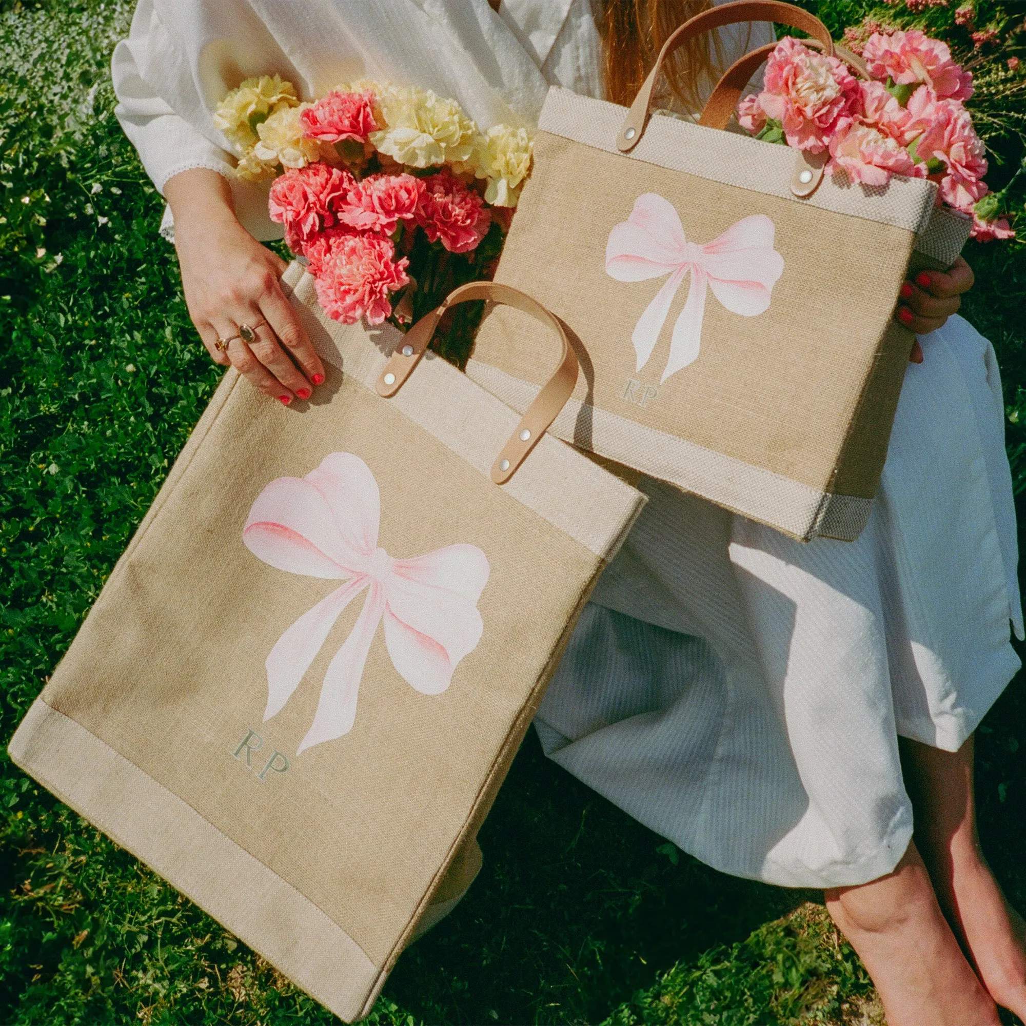 Market Tote in Natural with Powder Blue Bow by Amy Logsdon