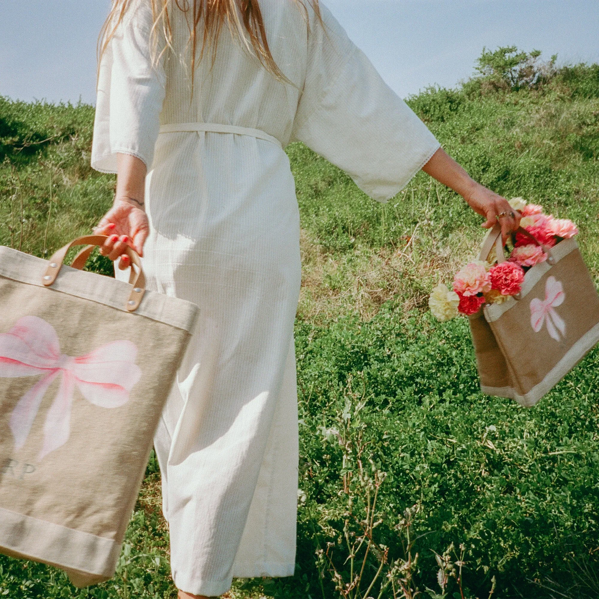 Market Tote in Natural with Powder Blue Bow by Amy Logsdon