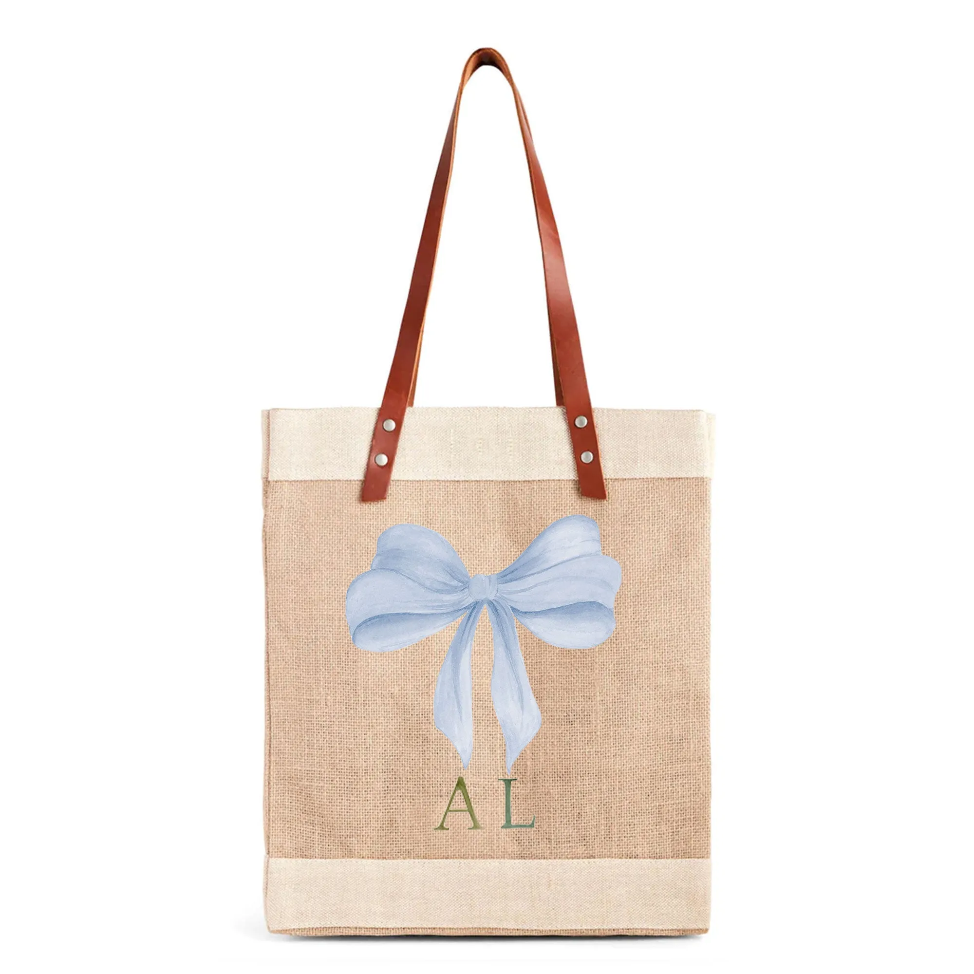 Market Tote in Natural with Powder Blue Bow by Amy Logsdon