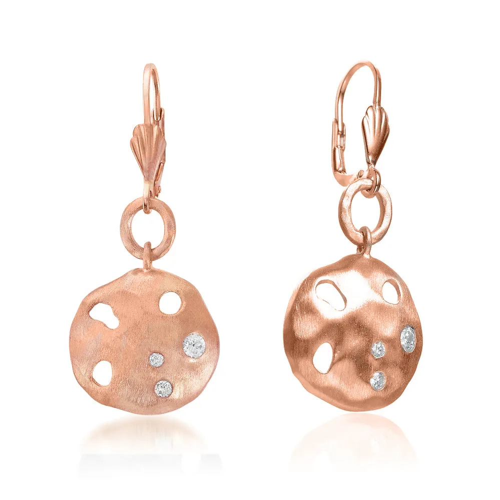 Matte Brushed Rose-plated Sterling Silver Cubic Zirconia Dangling Earrings