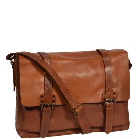 Mens Classic Flap Over Leather Satchel HOL6799 Tan