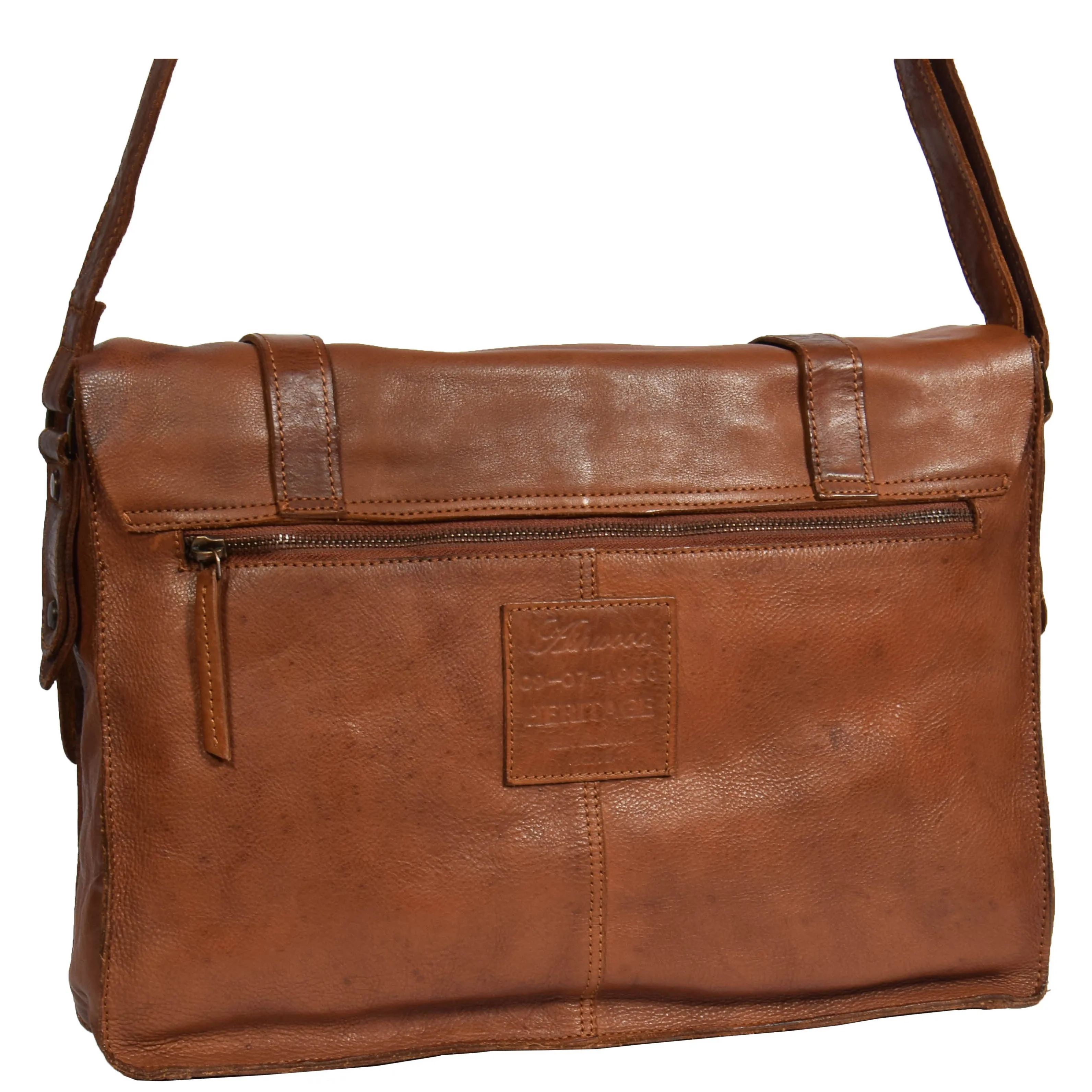 Mens Classic Flap Over Leather Satchel HOL6799 Tan