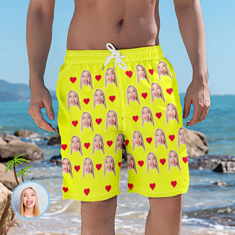 Men's Custom Heart Face Elastic Beach Short Photo Pants