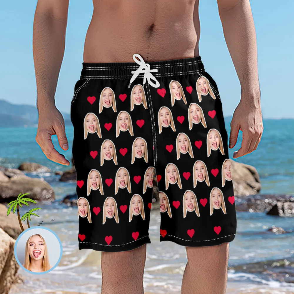 Men's Custom Heart Face Elastic Beach Short Photo Pants