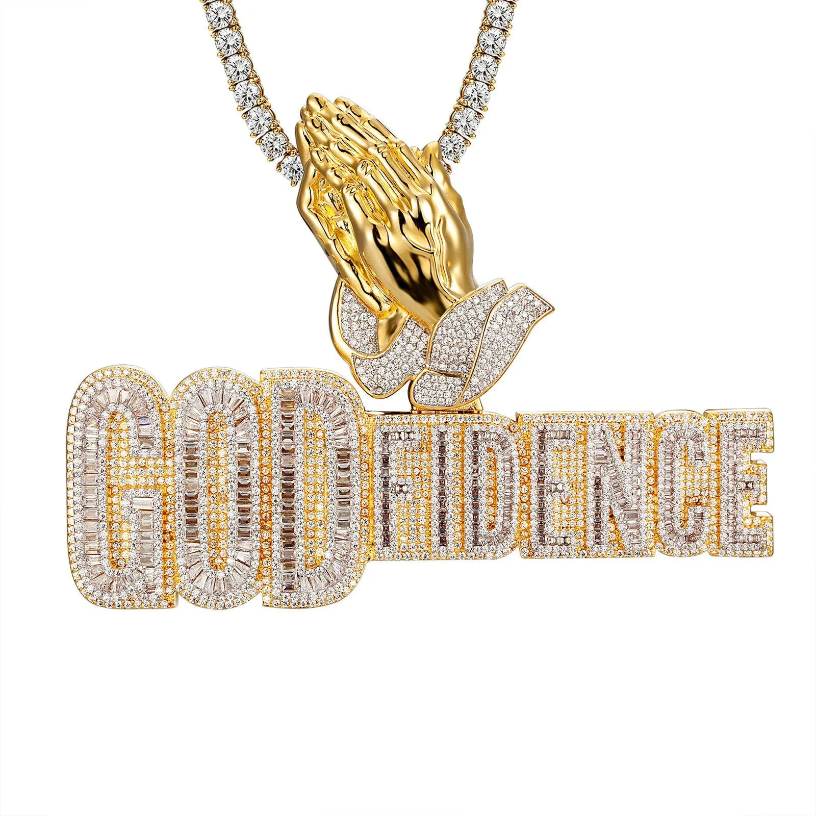 Mens Godfidence Baguette Iced Praying Hands Custom .925 Pendant