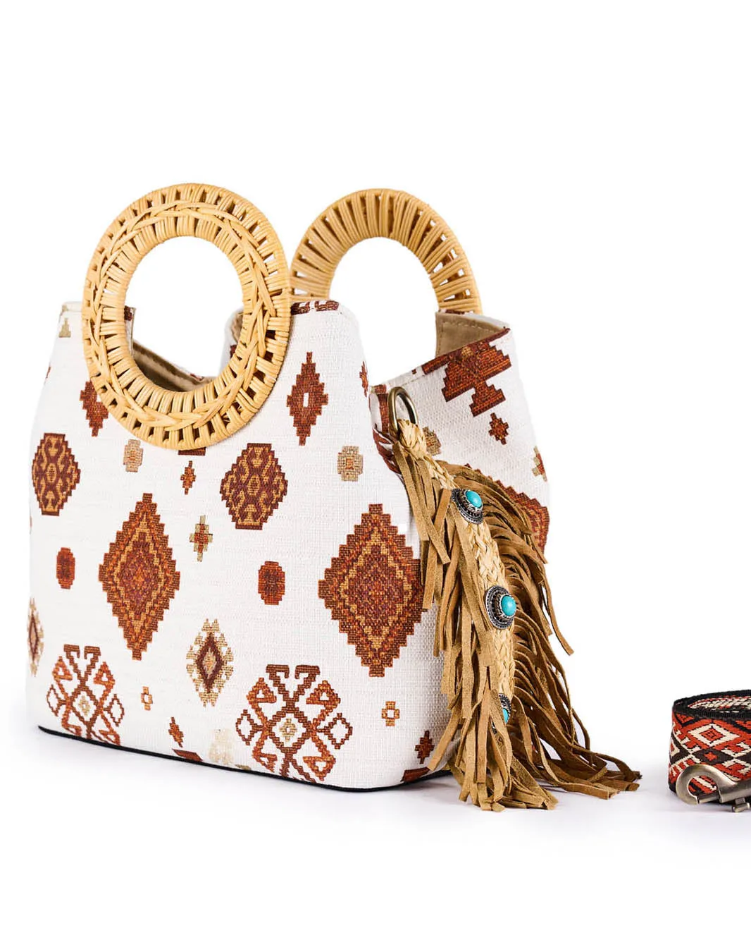 Mercy Print Brown Wicker Handle Bucket Bag