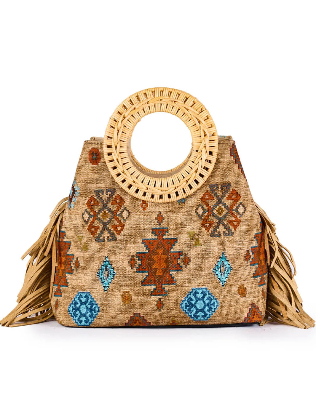 Mercy Print Brown Wicker Handle Bucket Bag